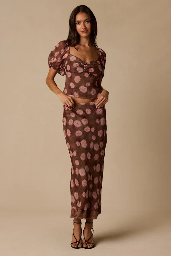 Neva Brown Floral Slip Midi Skirt | Lulus
