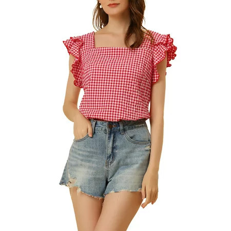 Unique Bargains Summer Gingham Tops for Women s Square Neck Ruffle Sleeve Blouse XS Red | Walmart (US)