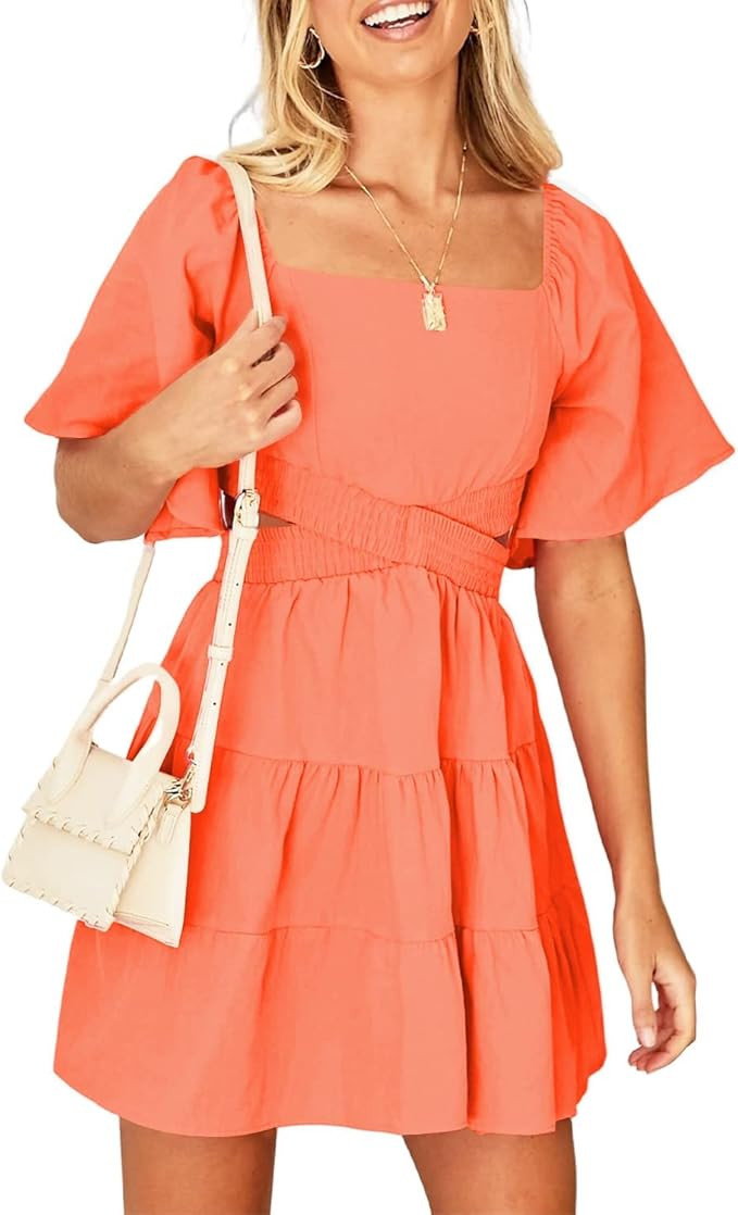 Amazon.com: OWNGIGI Womens Square Neck Short Sleeve Dress Cross Waist Sexy Backless Loose Mini Dr... | Amazon (US)