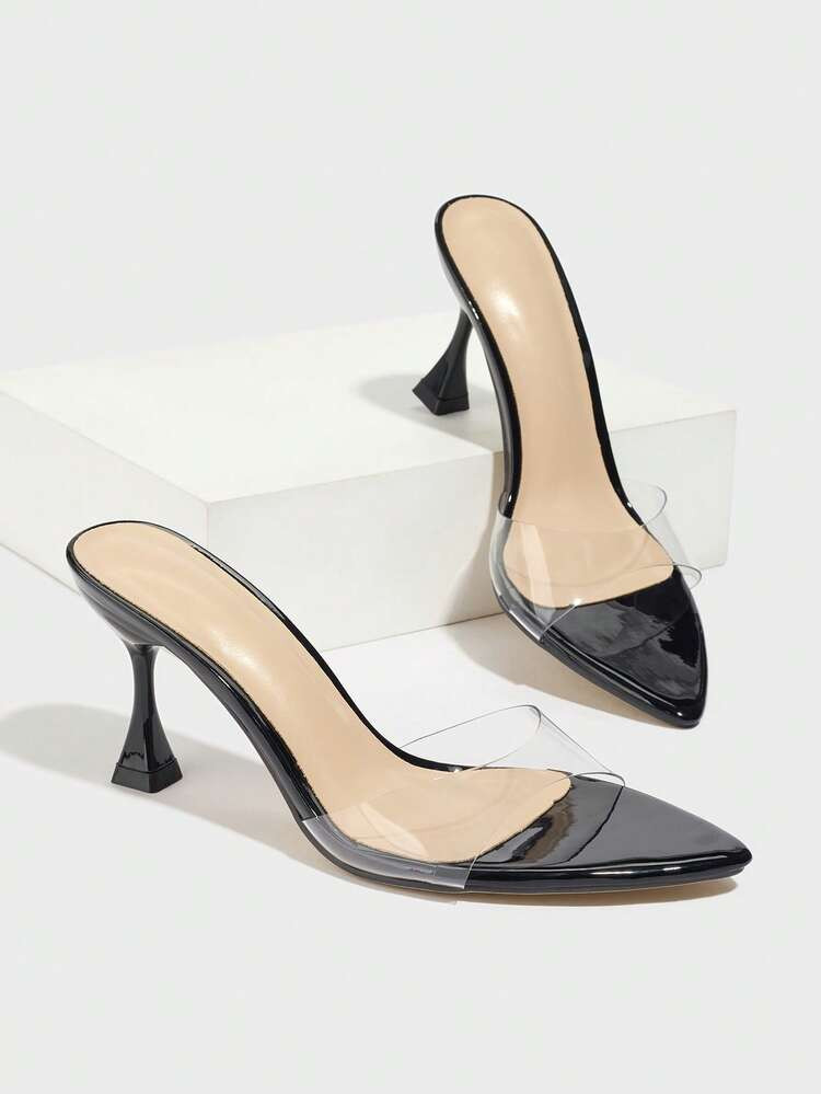 Jin Bei Qi Women's Elegant Clear High Heel Sandals, Suitable For Party, Outdoor Occasions, Fashion Glamour Style With Transparent PVC Material And Shiny Mirror Effect Pointed Toe Stiletto Heels, Sexy Mules, Black Color | SHEIN