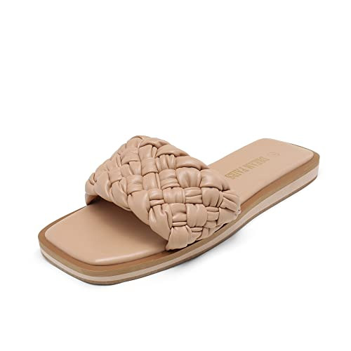 DREAM PAIRS Women's Square Open Toe Slide Sandals Cute Slip on Braided Slides Flat Sandals for Summer,Size 7,Nude/Weave,SDSS2212W | Amazon (US)