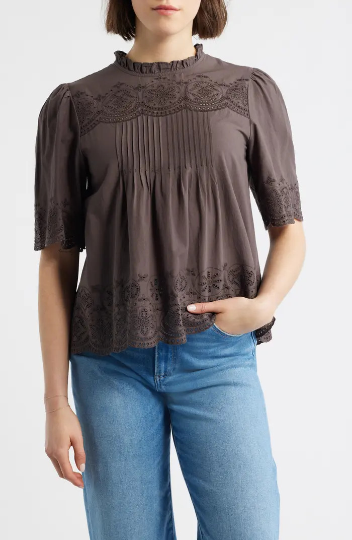 Embroidered Pintuck High Neck Cotton Voile Top | Nordstrom