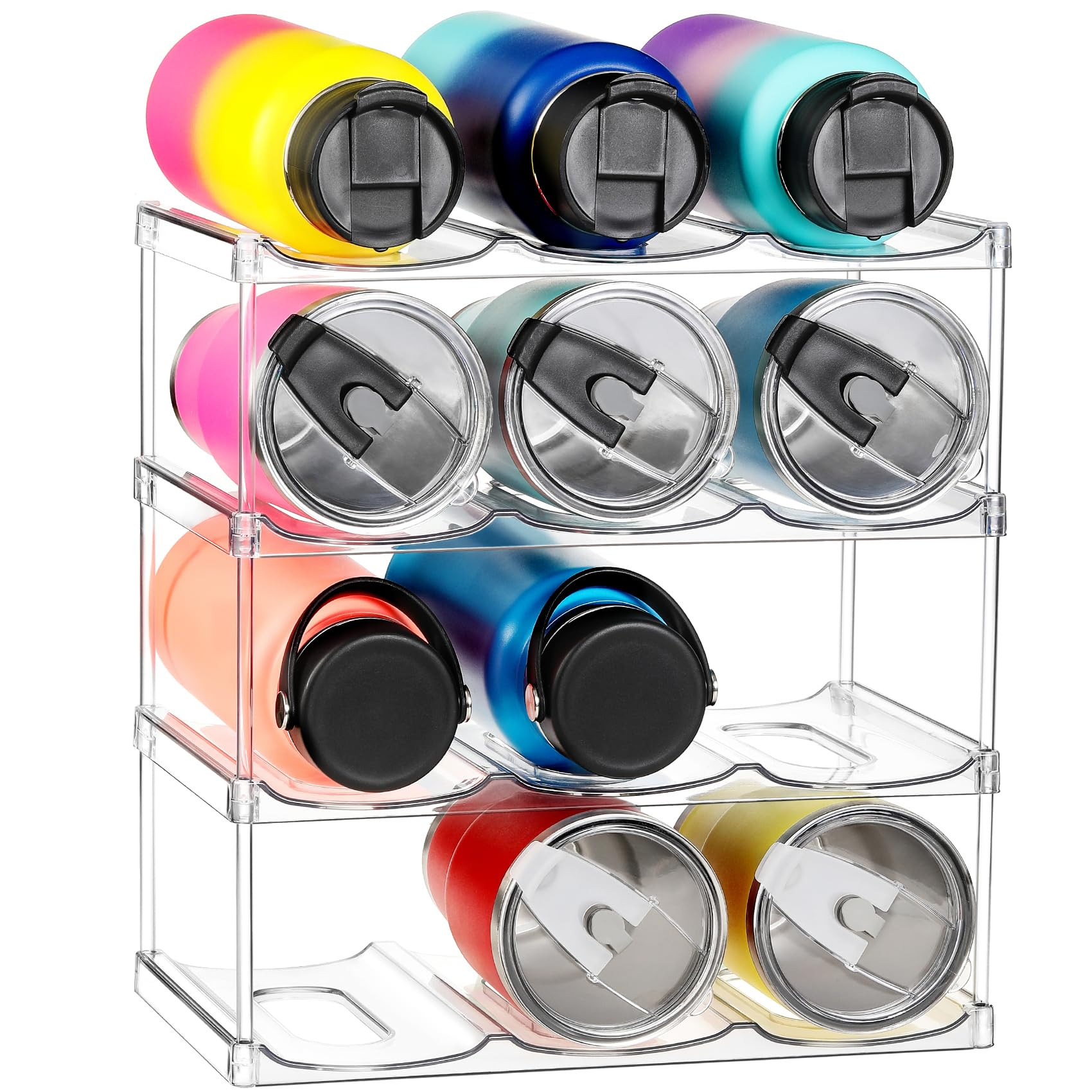 LARGER Compartment - Stackable Water Bottle Organizer Holder - for Stanley & Others' Large Tumbler - Clear Wine Rack, Cup Bottle Holder for Cabinet Home Countertop Fridge Pantry Shelf, 4 Tier Hold 12 | Amazon (US)