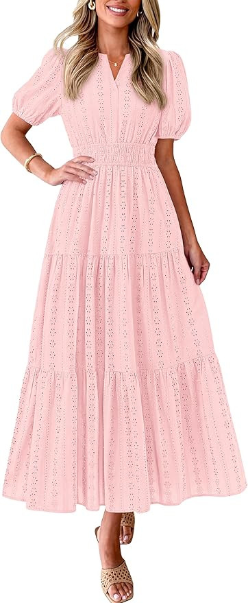 PRETTYGARDEN Womens Summer Maxi Dresses 2026 Casual Puff Sleeve V Neck Smocked Flowy Eyelet Cotto... | Amazon (US)