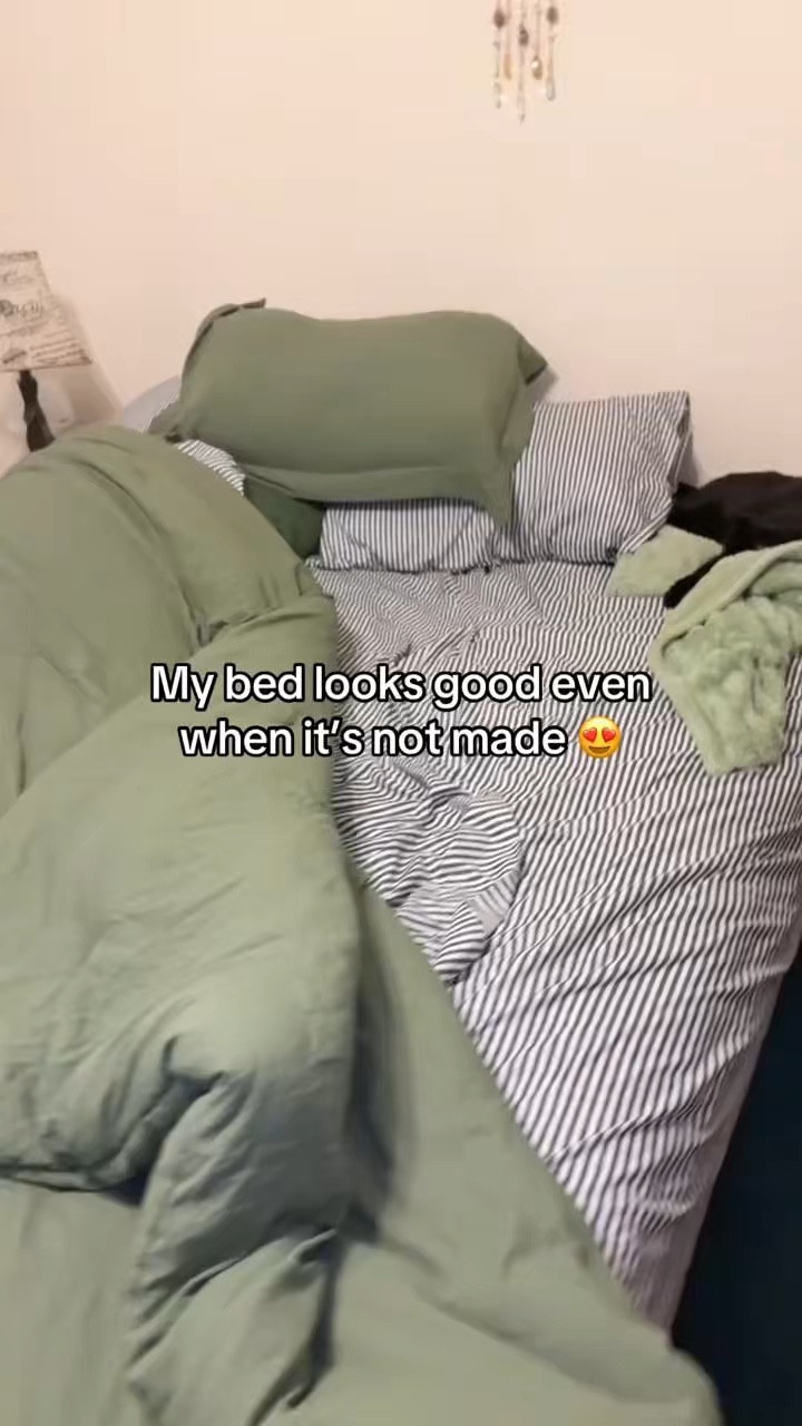 I am obsessed with this 7 piece bedding set! It’s all season, but it’s warm enough for the warm spring night, but cool enough for the warmer weather. It comes with bed sheets, 2 pillow shams, 2 pillow cases, and the all seasons comforter. I love the striped sheets and olive green look. 😍

#LTKHome
