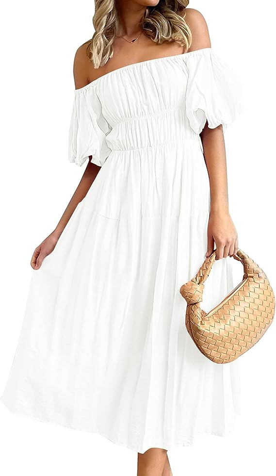 MEROKEETY Women's Puff Sleeve Off Shoulder Summer Midi Dress Ruffle A Line Flowy Dress with Pocke... | Amazon (US)