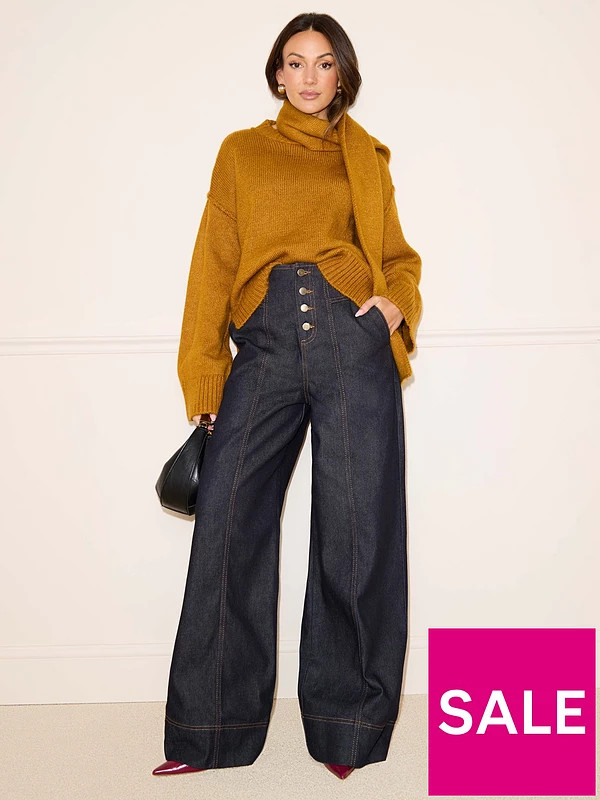 Michelle Keegan Corset Seam Button Detail Wide Leg Jeans - Dark Wash | Very (UK)