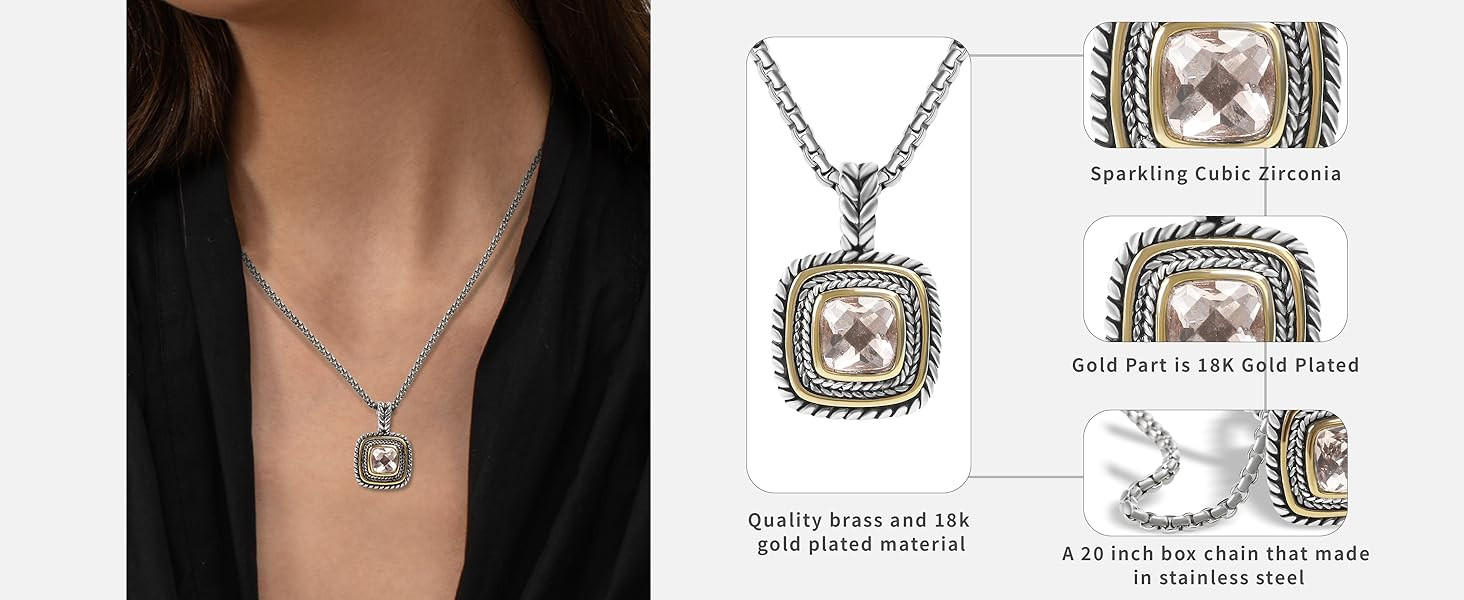 Designer Inspired 7MM CZ Pendant Necklace for Women 18K Gold Plated Two Tone Wheat Cable Necklace... | Amazon (US)