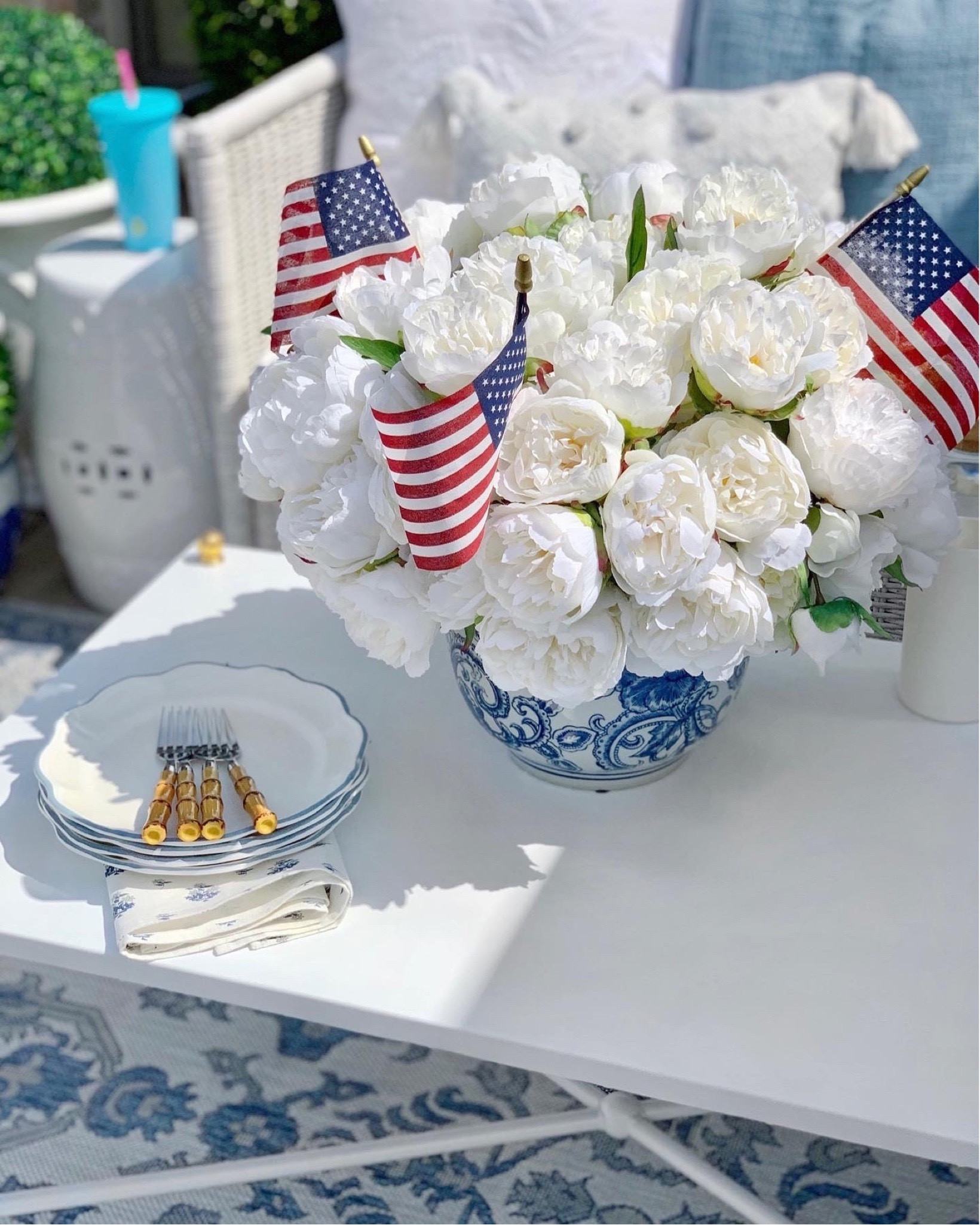 4th of July decor outdoor decor patio blue and white white outdoor coffee table 

#LTKHome #LTKFindsUnder50 #LTKSaleAlert
