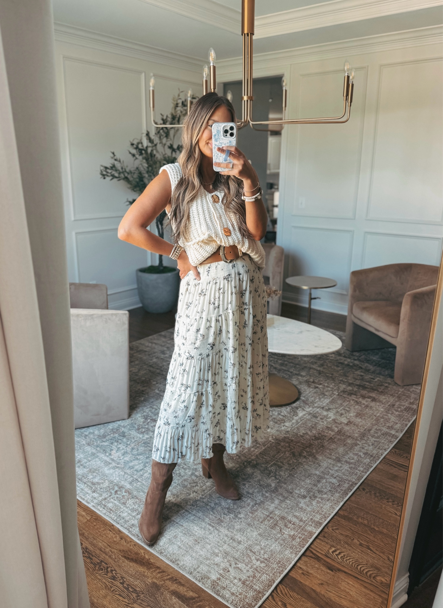 Amazon Fall outfit idea that is postpartum and bumpfriendly! 🙌🏻 The floral maxi skirt has a stretchy waistband and I love it paired with the chunky cardigan. The Amazon knee high boots are amazing quality and perfect for Fall! 

wearing a medium 
Sized up a half in the boots



#LTKFindsUnder50 #LTKMidsize #LTKFindsUnder100