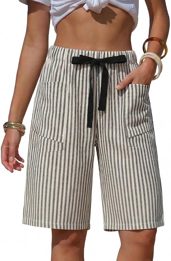 EXLURA Women's Faux Linen Striped Bermuda Shorts Casual Drawstring Elastic Waist Summer Vacation ... | Amazon (US)
