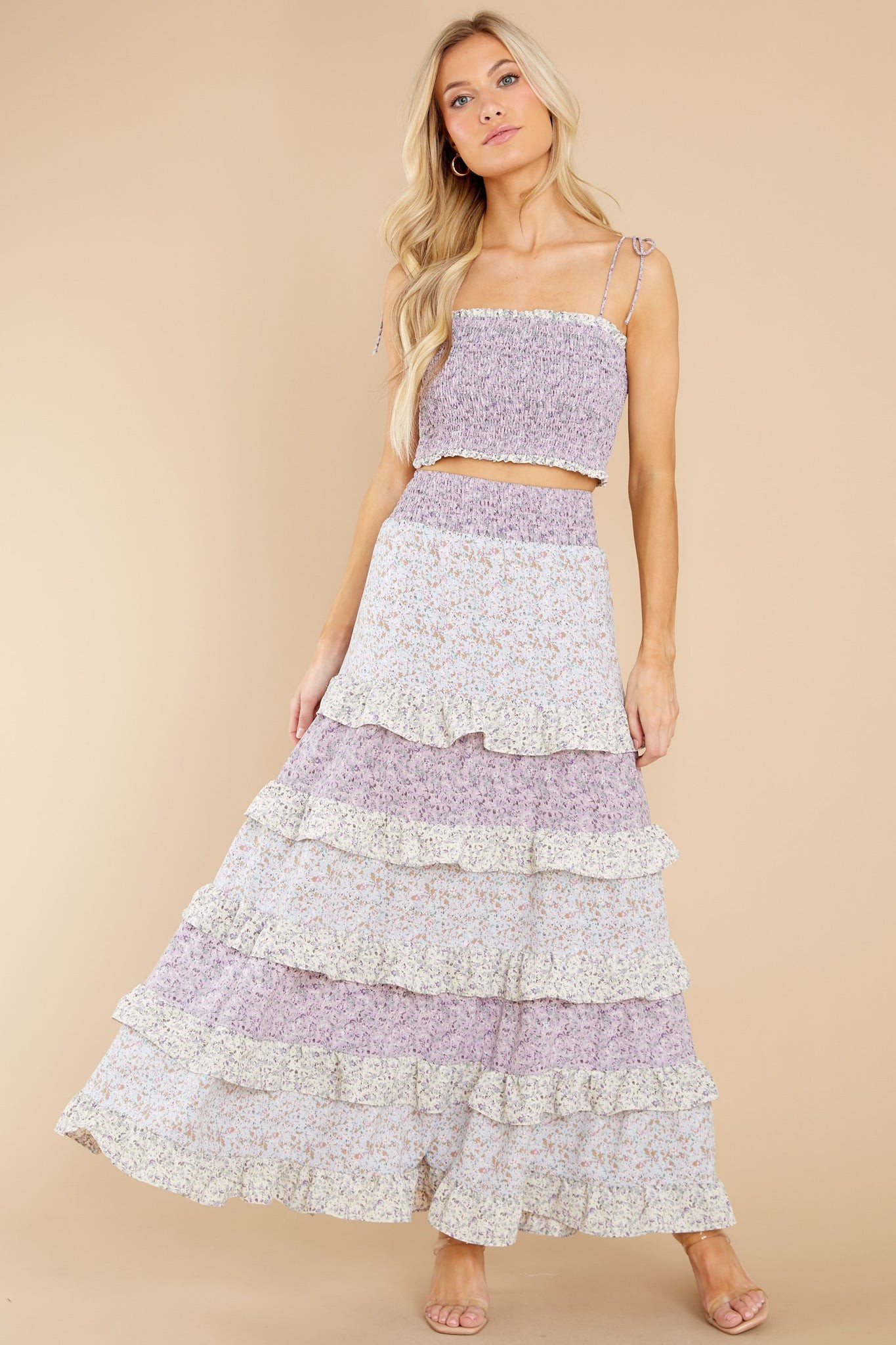 Dressed In Love Lavender Floral Print Midi Skirt | Red Dress 