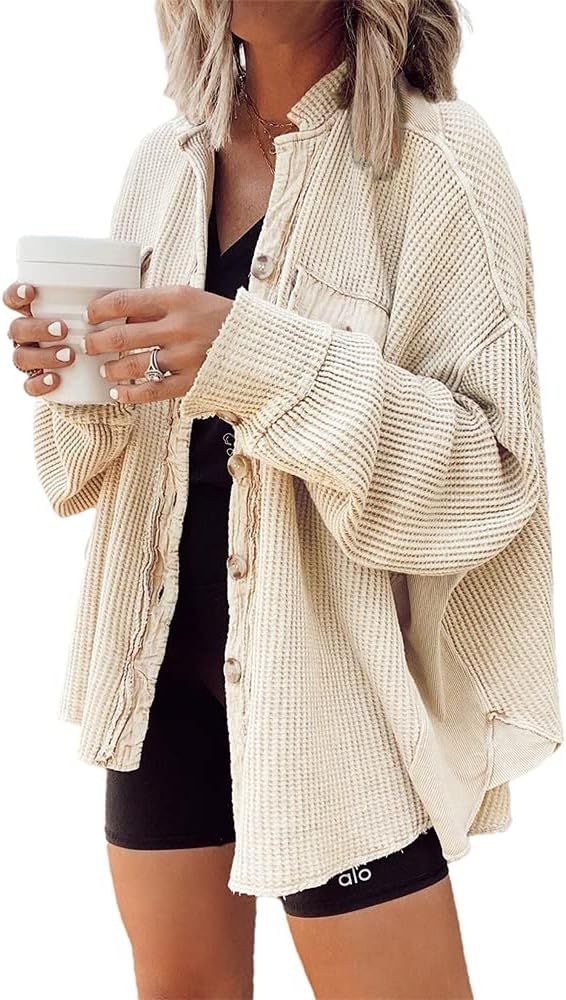 Cardigan for Womens Shacket Jacket Waffle Knit Long Sleeve Shirts Batwing Sleeve Button Up Blouse... | Amazon (US)