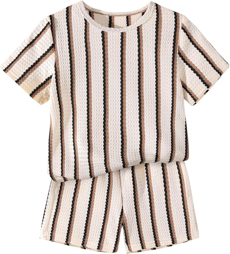 Boys 2 Piece Outfits Waffle Knit Striped Short Sleeve T-Shirt and Shorts Set | Amazon (US)