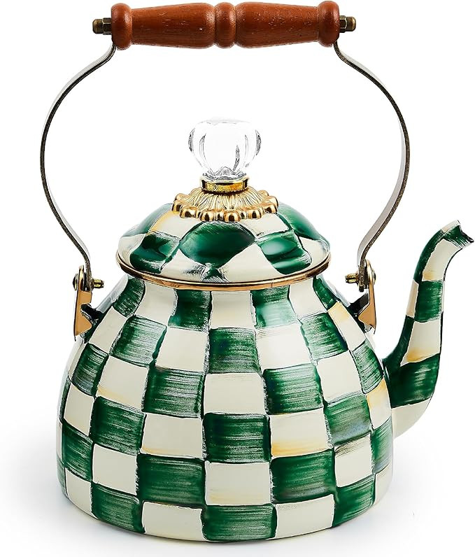 MACKENZIE-CHILDS Enamel Tea Kettle, Stylish Tea Kettle for Stovetop, Green-and-White Emerald Chec... | Amazon (US)