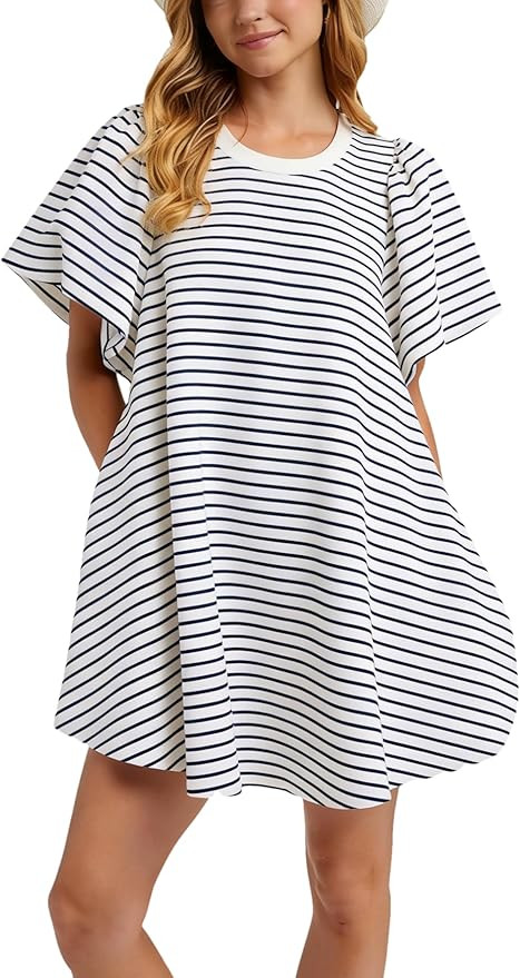 Zontroldy Women's Summer Casual Striped A Line Flowy Dress Crew Neck Puff Sleeve Sundress with Po... | Amazon (US)