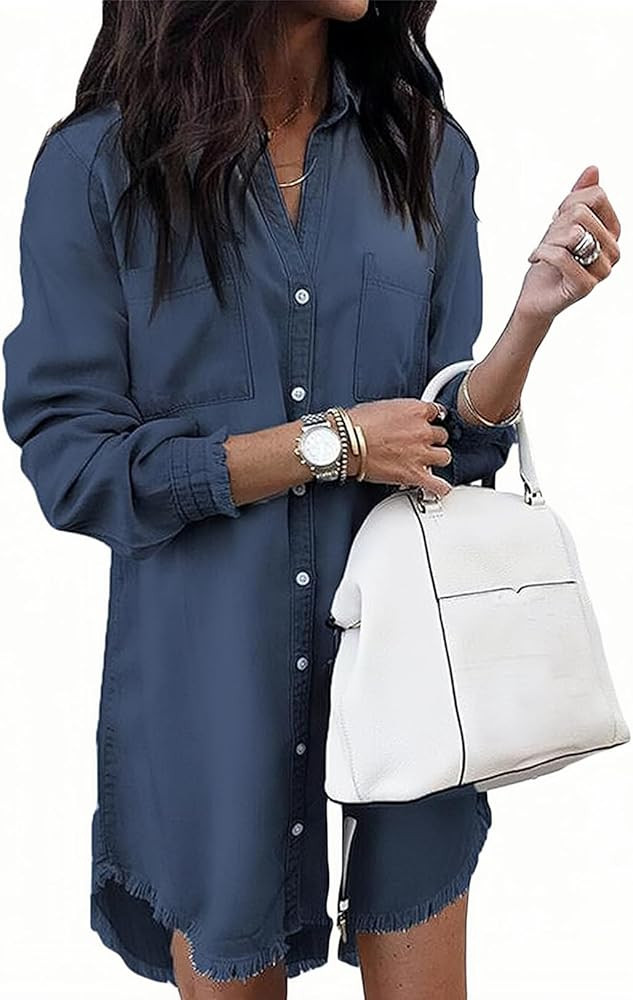 Zilcremo Women Denim Shirt Dresses Long Sleeve Distressed Jean Dress Button Down Casual Tunic Top | Amazon (US)