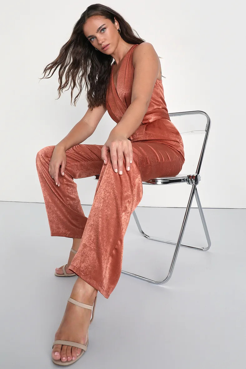 In the City Rust Satin Surplice Sleeveless Wide-Leg Jumpsuit | Lulus (US)