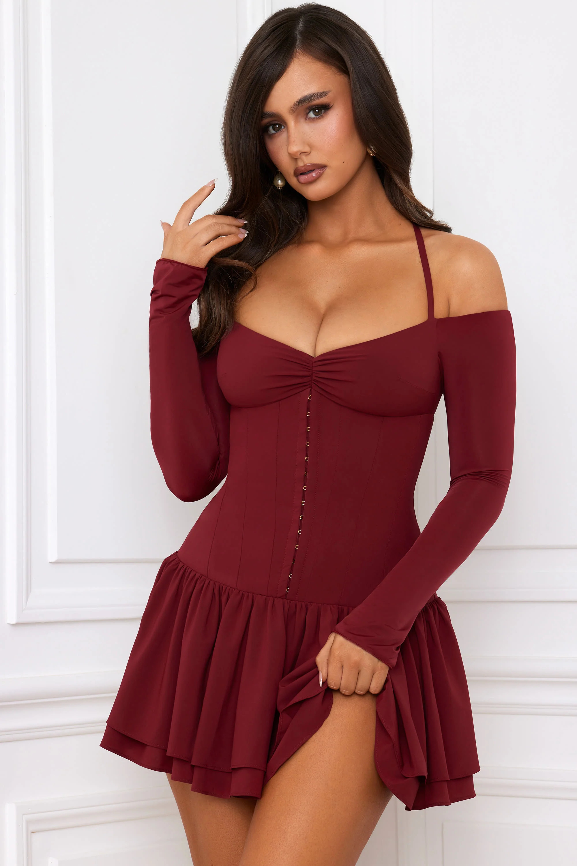 Off-Shoulder Tiered Corset Mini Dress in Berry Red | Oh Polly