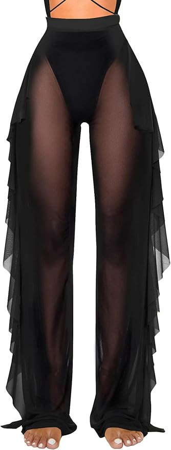 Jumppmile Women's Ruffle Sheer Mesh Swimwear Bikini Cover Up Pants See Through | Amazon (US)