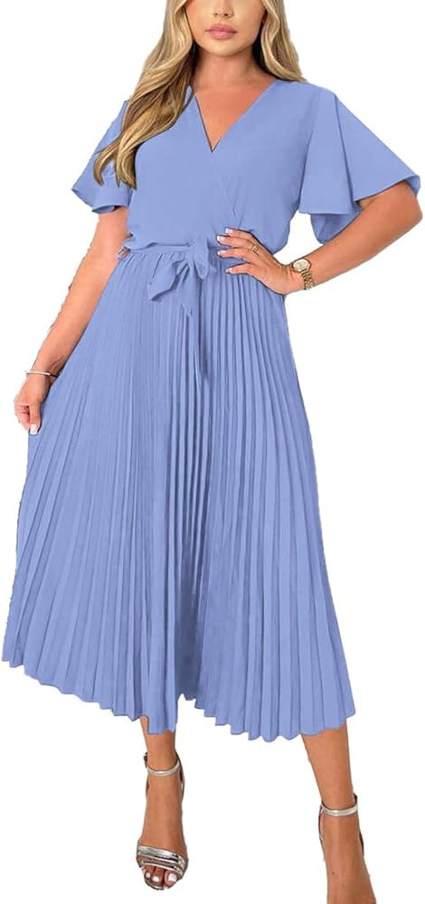 BTFBM Women Short Sleeve Wrap V-Neck Casual Summer Dresses Satin Tie Waist Elegant Pleated Flowy ... | Amazon (US)