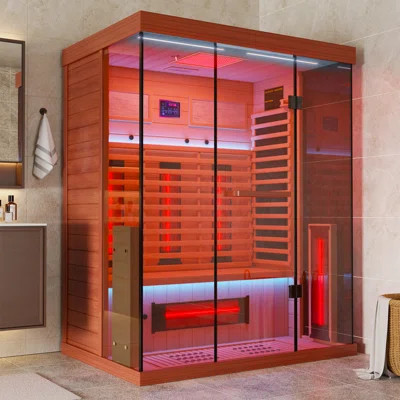 Full Spectrum Infrared Saunaï¼YK-8001 2-3 Person Home Saunaï¼Wooden Canadian Indoor Spa Sauna with Resonance Speaker, Panoramic Tempered Glass Door | Wayfair North America
