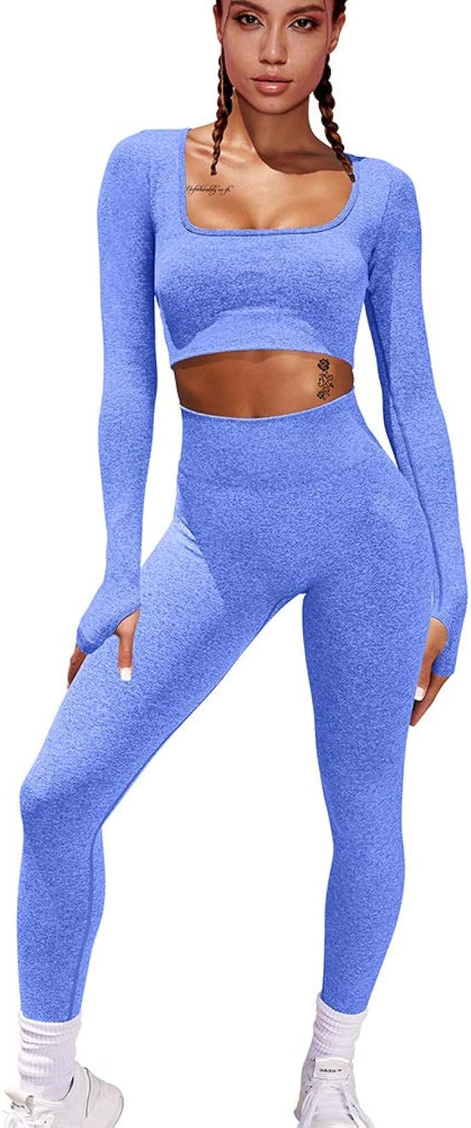 HYZ Women Workout 2 Piece Outfits High Waist Legging Gym Yoga Bodycon Sports Crop Top Sets | Amazon (US)