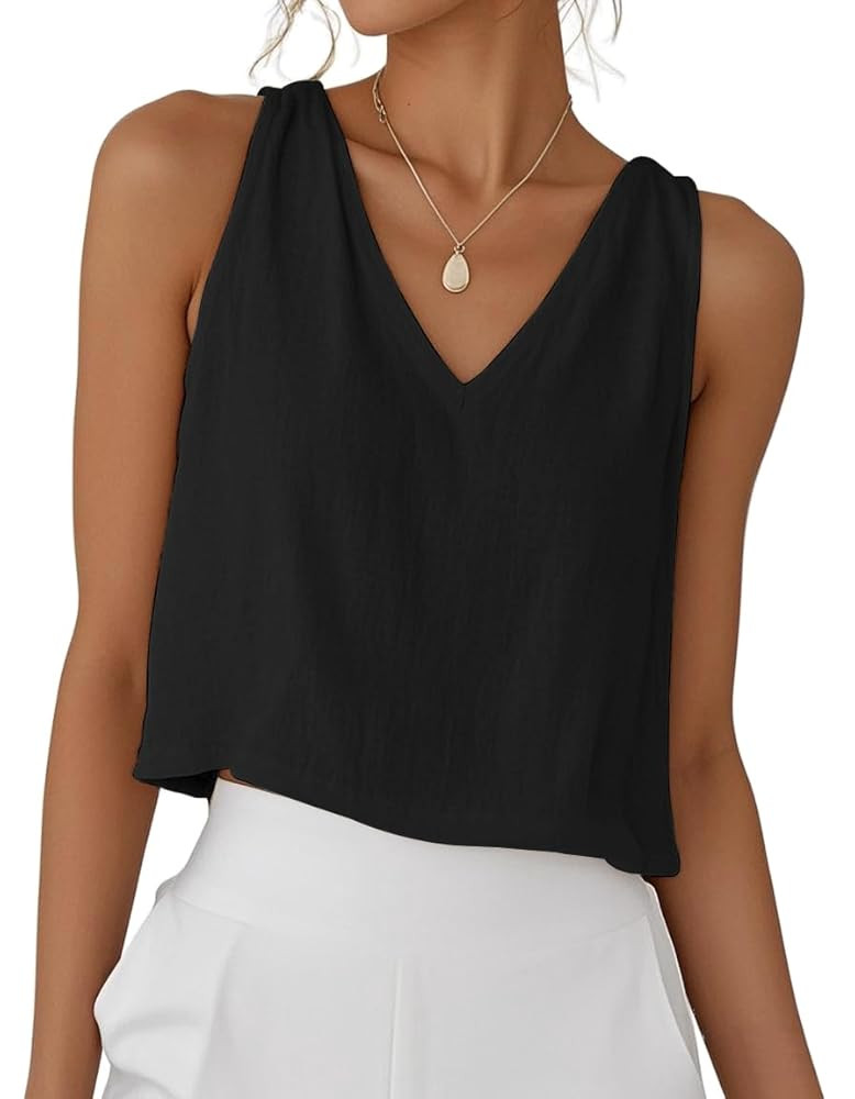 IDEALSANXUN Womens V Neck Cropped Linen Tank Tops Spring Summer Sleeveless Shirts | Amazon (US)