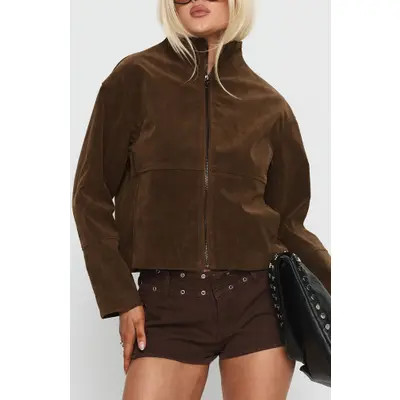 Princess Polly Jessalynn Faux Suede Full Zip Jacket in Brown at Nordstrom, Size 8 | Nordstrom