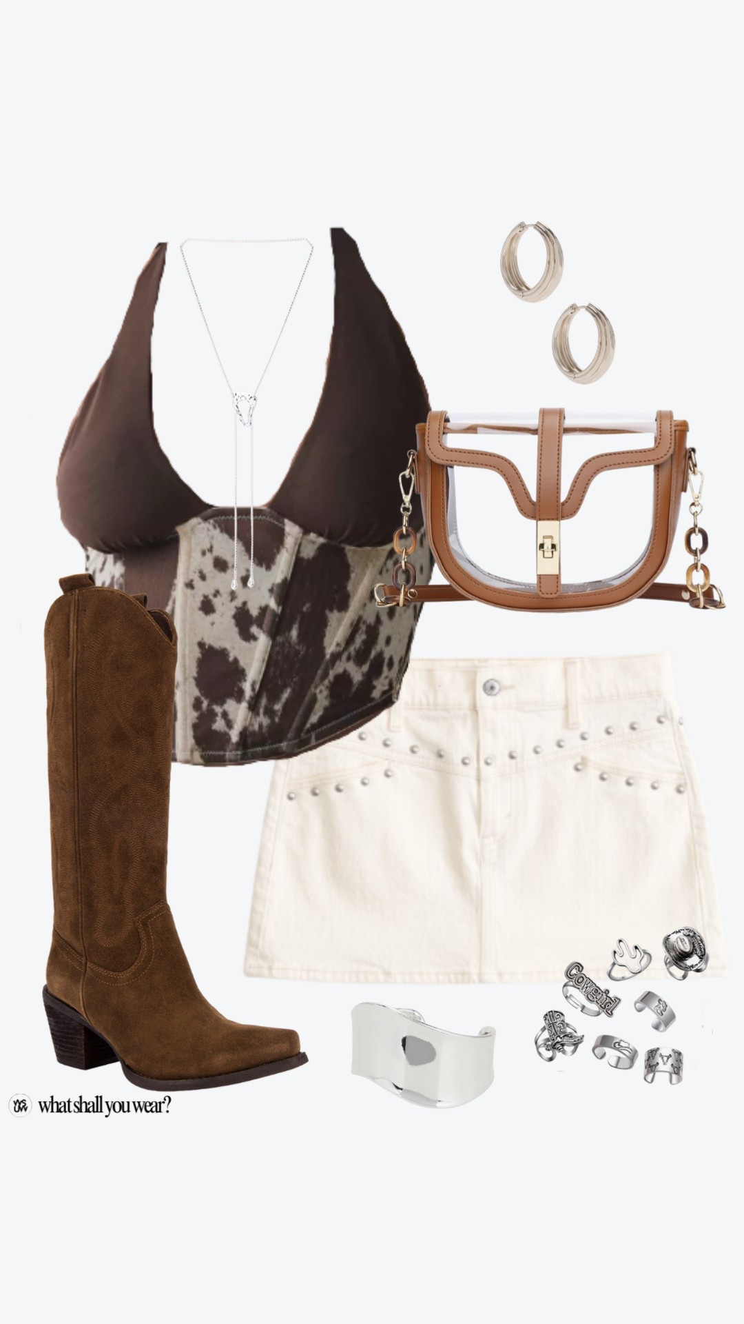Cowboy Carter outfit idea, country concert outfit idea, Cowboy Carter outfit, country concert outfit, cow print top, cow print corset, cowgirl top, studded mini skirt, white mini skirt, white denim skirt, studded denim skirt, white studded skirt, silver rings, western rings, cowboy boots, brown cowgirl boots, western boots, stadium bag, silver hoops, bolo necklace, chunky bangle bracelet 

#LTKSummerEdit #LTKShoeCrush #LTKItBag