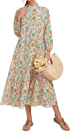 Fall Floral Long Sleeve Maxi Dress for Women Crew Neck Button Down Loose Flowy Boho Dresses 2025 | Amazon (US)