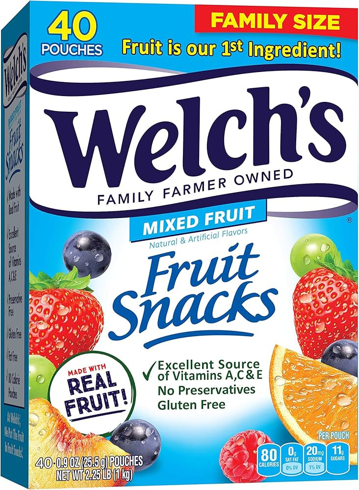 Welch's Fruit Snacks, Mixed Fruit, Gluten Free, Bulk Pack, 0.9 oz Individual Single Serve Bags 40... | Amazon (US)