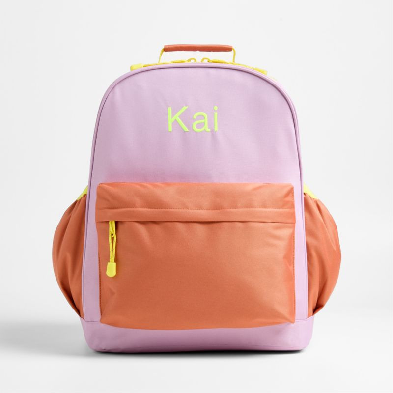 Colorblock Purple and Orange Large Kids Backpack with Side Pockets + Reviews | Crate & Kids | Crate & Barrel