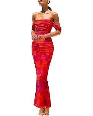 PRETTYGARDEN Women's Ruched Bodycon Maxi Dress 2025 Summer Off Shoulder Floral Mesh Cocktail Part... | Amazon (US)