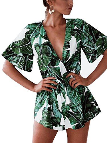 Famulily Women's Plunge V Neck Romper Printed Summer Beach Shorts Jumpsuits Playsuit Green L | Amazon (US)
