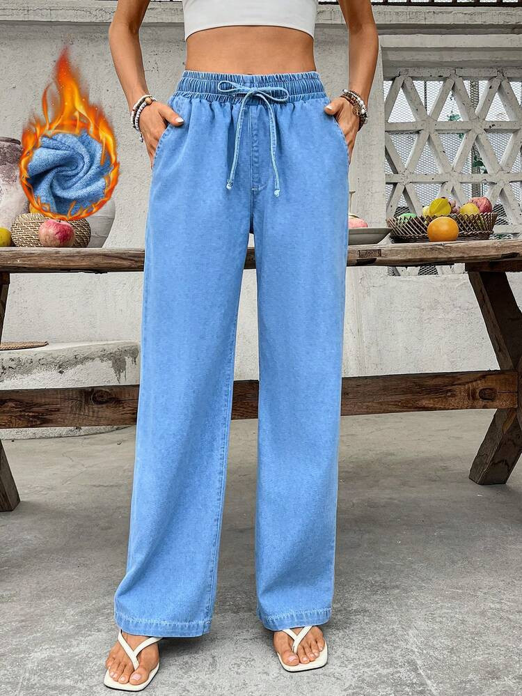 Breezaya Women's Drawstring Waist Pockets Wide Leg Loose Casual Thermal Lined Jeans | SHEIN