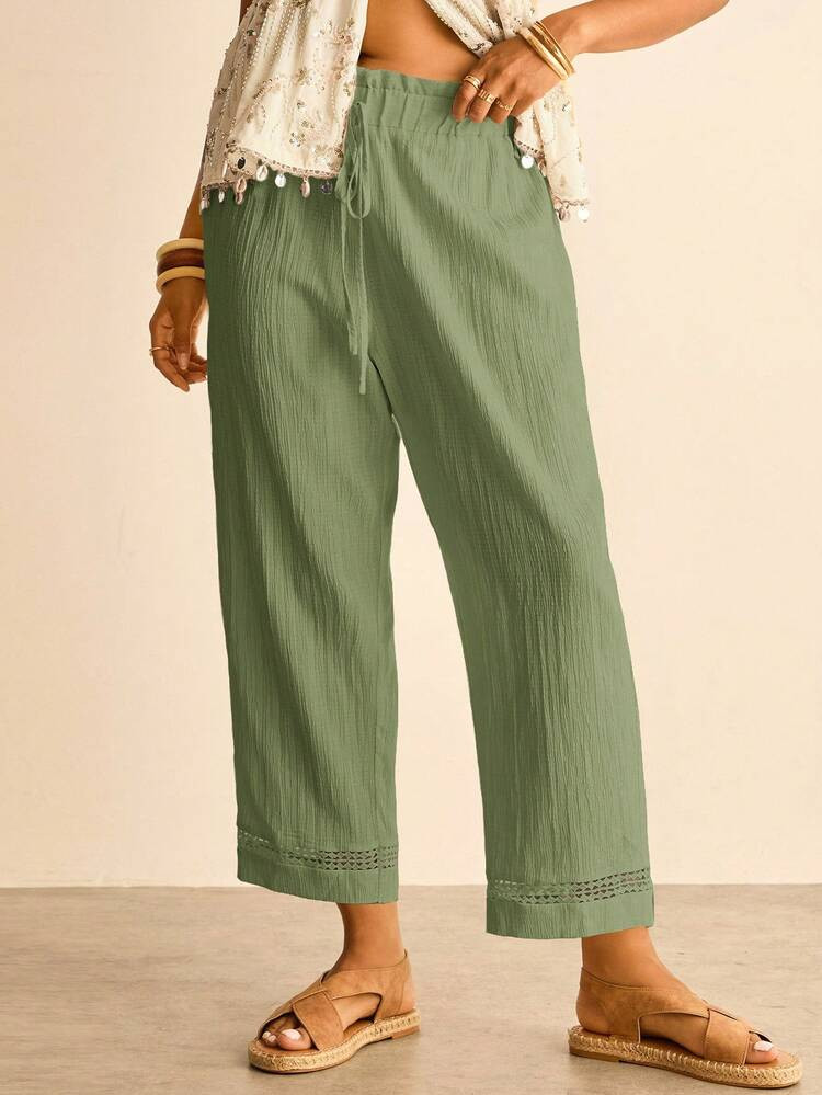 Freevana Plus Size Women's Solid Color Waist Tie Straight Leg Casual Pants | SHEIN