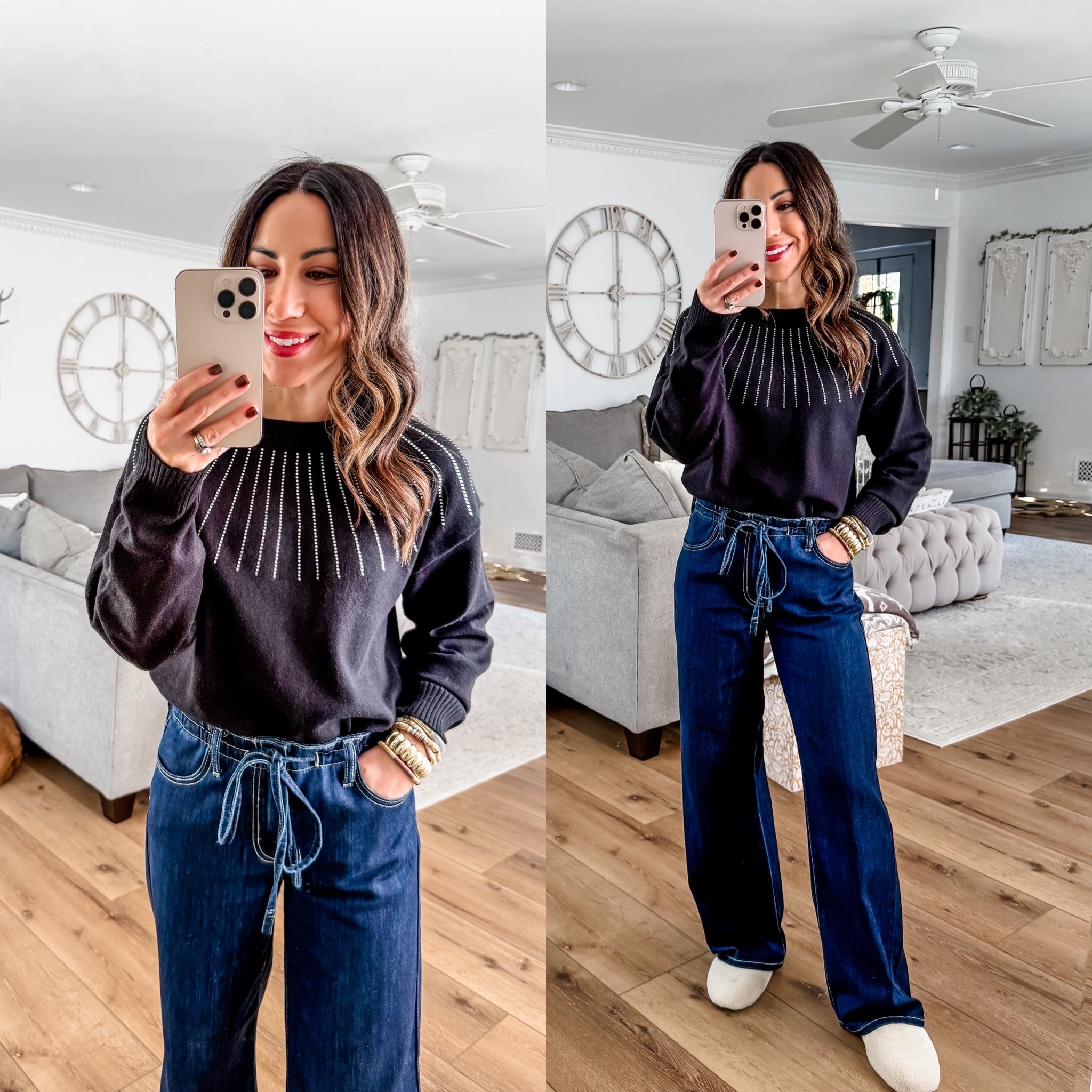 Jeans 25. Brighton jeans I cut. Sweaters small. Denim jacket small. Floral jacket XS. Leggings small. Shoes TTS. Jewelry code HOUSEOFLEO30. 

Holiday outfit, holiday sweater, sweatpants jeans  

#LTKFindsUnder100 #LTKFindsUnder50 #LTKHoliday