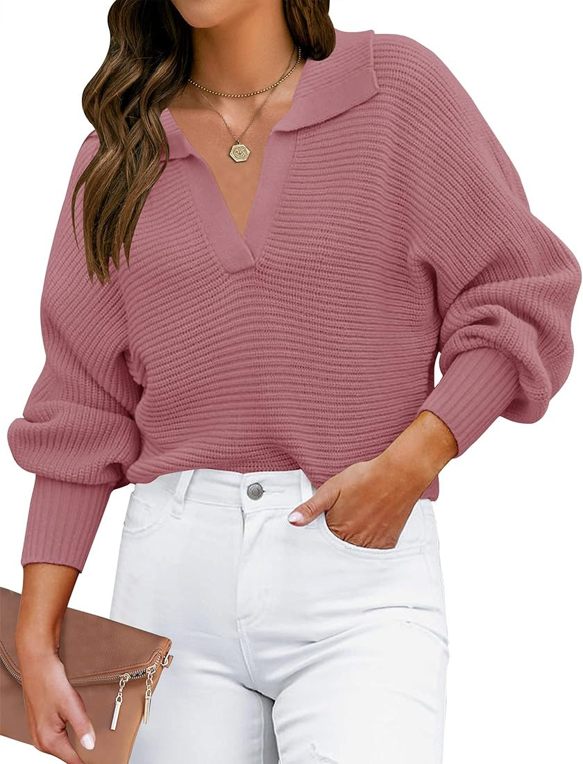 Women's 2023 Fall Lapel Collar V Neck Long Sleeve Ribbed Knit Comfy Loose Casual Pullover Sweater... | Amazon (US)