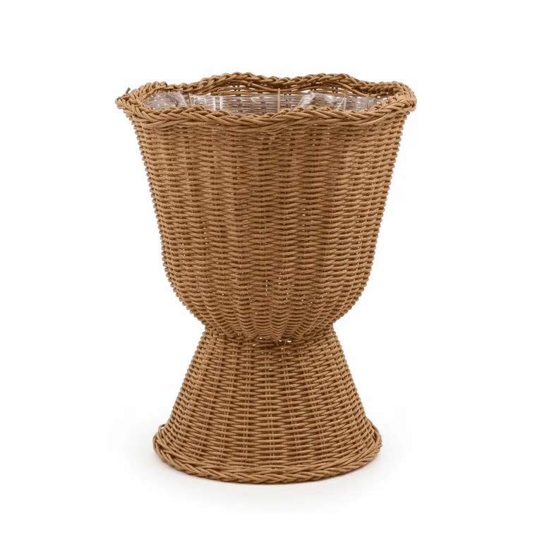 Guvpev 14" Brown Woven Urn-Style Planter with Decorative Scalloped Rim and Transparent Inner Lini... | Walmart (US)