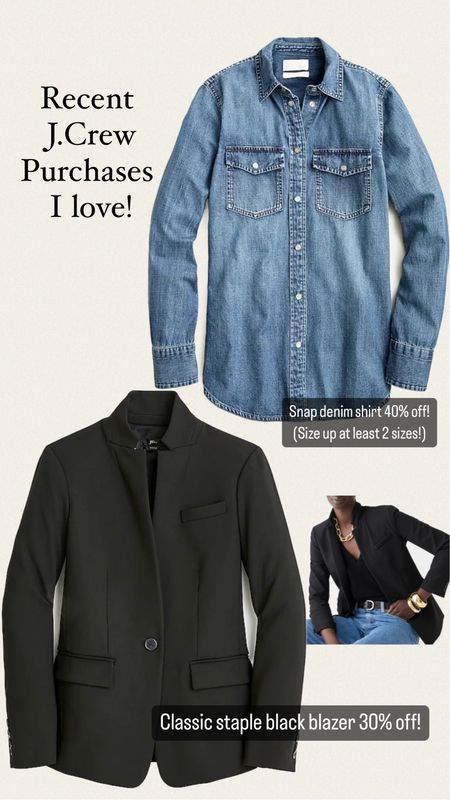Recent staple J.Crew purchases I LOVE!  This snap denim shirt is everything!!!  And  this black blazer is the perfect blazer to go with everything from jeans to dresses!

Modern Readers, Cate & Chloe Olivia 18k Tennis Bracelet, cubic zirconia stud earrings, YSL black Handbag / purse 

#LTKfindsunder100 #LTKsalealert #LTKover40