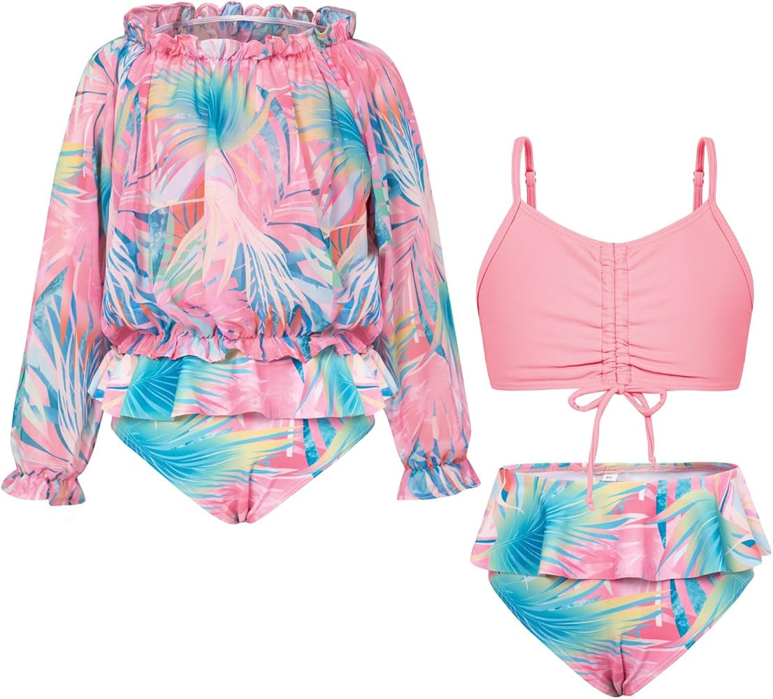 GRACE KARIN Girls Bikini Swimsuit 3-Piece Bathing Suit Sun Protection Swimwear Cover-Up Sets 5-12... | Amazon (US)