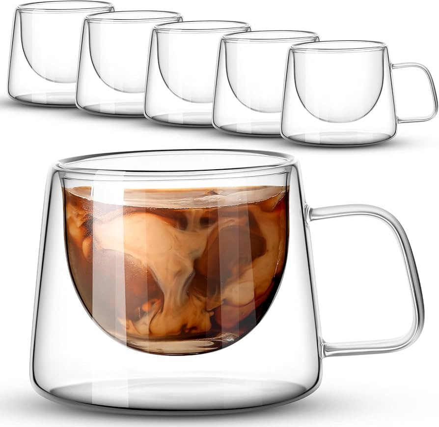 Rtteri 6 Pcs 6.8 oz Double Wall Glass Coffee Mugs Clear Insulated Coffee Mugs with Square Handle ... | Amazon (US)