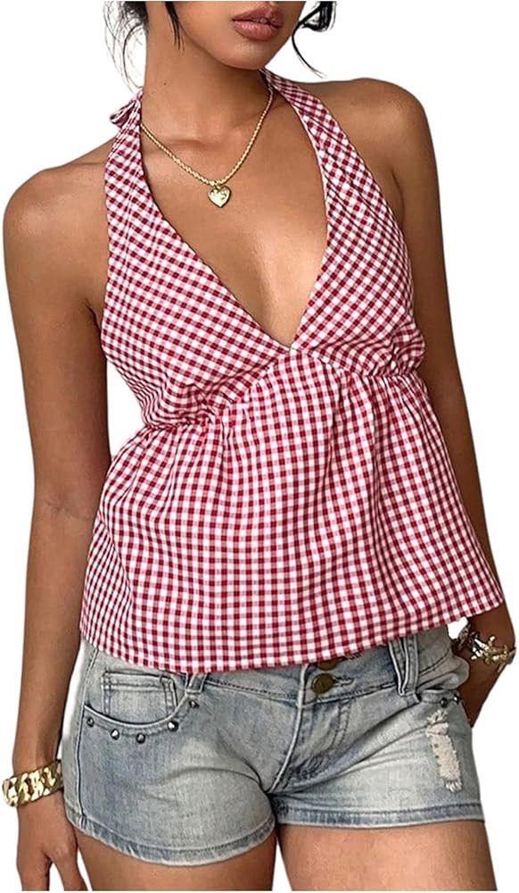 SOLY HUX Women's Plaid Halter Babydoll Tops Y2k Gingham Deep V Neck Sleeveless Backless Peplum Ta... | Amazon (US)