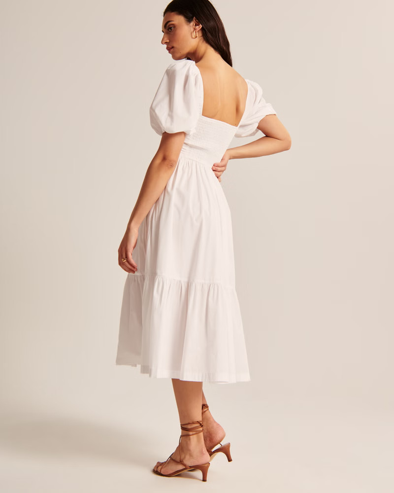 Women's Ruched Puff Sleeve Poplin Midi Dress | Women's Dresses & Jumpsuits | Abercrombie.com | Abercrombie & Fitch (US)
