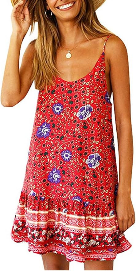 Womens Boho Floral Printed Dress Summer Sleeveless Adjustable Strap Beach Mini Dress with Pockets | Amazon (US)