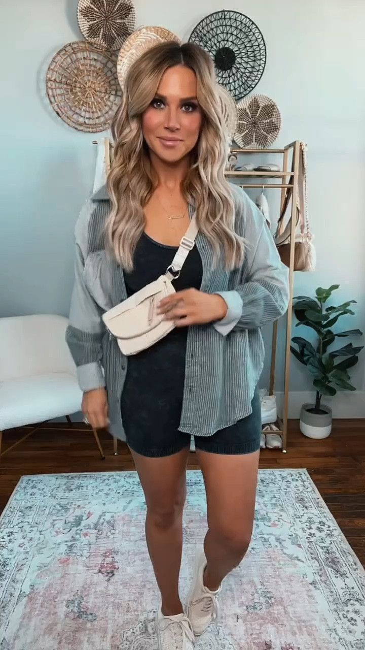 You have to see the back😘 Another easy, comfy mom outfit from my new favorite Bates Boutique! Starts with a charcoal shorts romper then I threw on this striped but stylish button down. Perfect for transition from winter to spring weather. Spring outfit inspo, support small business, mom uniform, travel outfit

#LTKtravel #LTKSeasonal