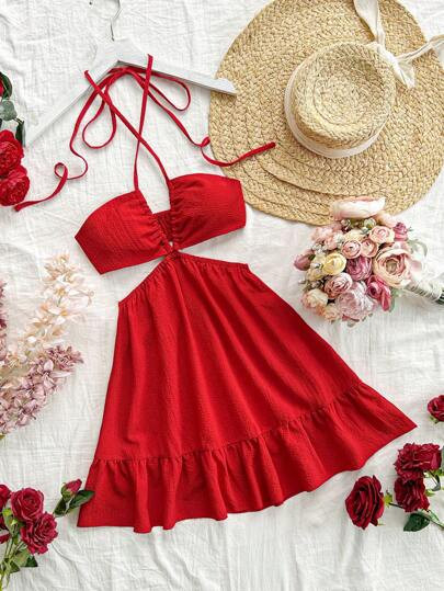 SHEIN WYWH Red Hollow Out Back Vacation Halter Dress For Waist | SHEIN