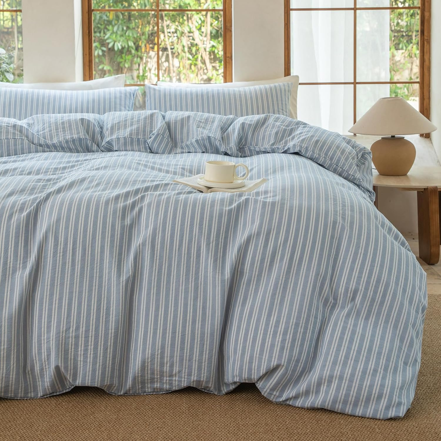 Luxury 100% Washed Cotton Linen Like Duvet Cover Set,3 Pcs Striped Duvet Cover with Zipper Closur... | Amazon (US)