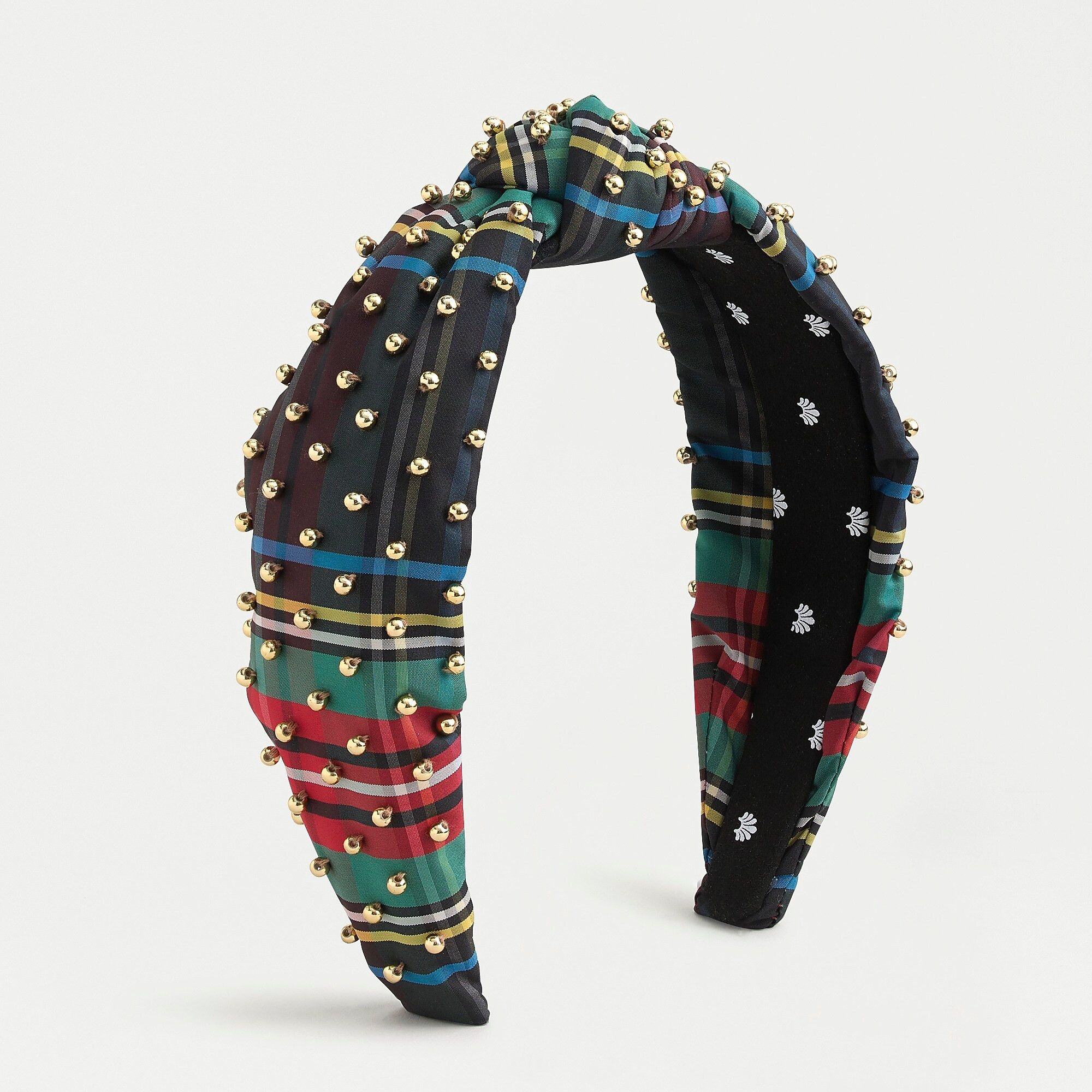 Lele Sadoughi X J.Crew knot headband in Stewart tartan with gold studs | J. Crew US